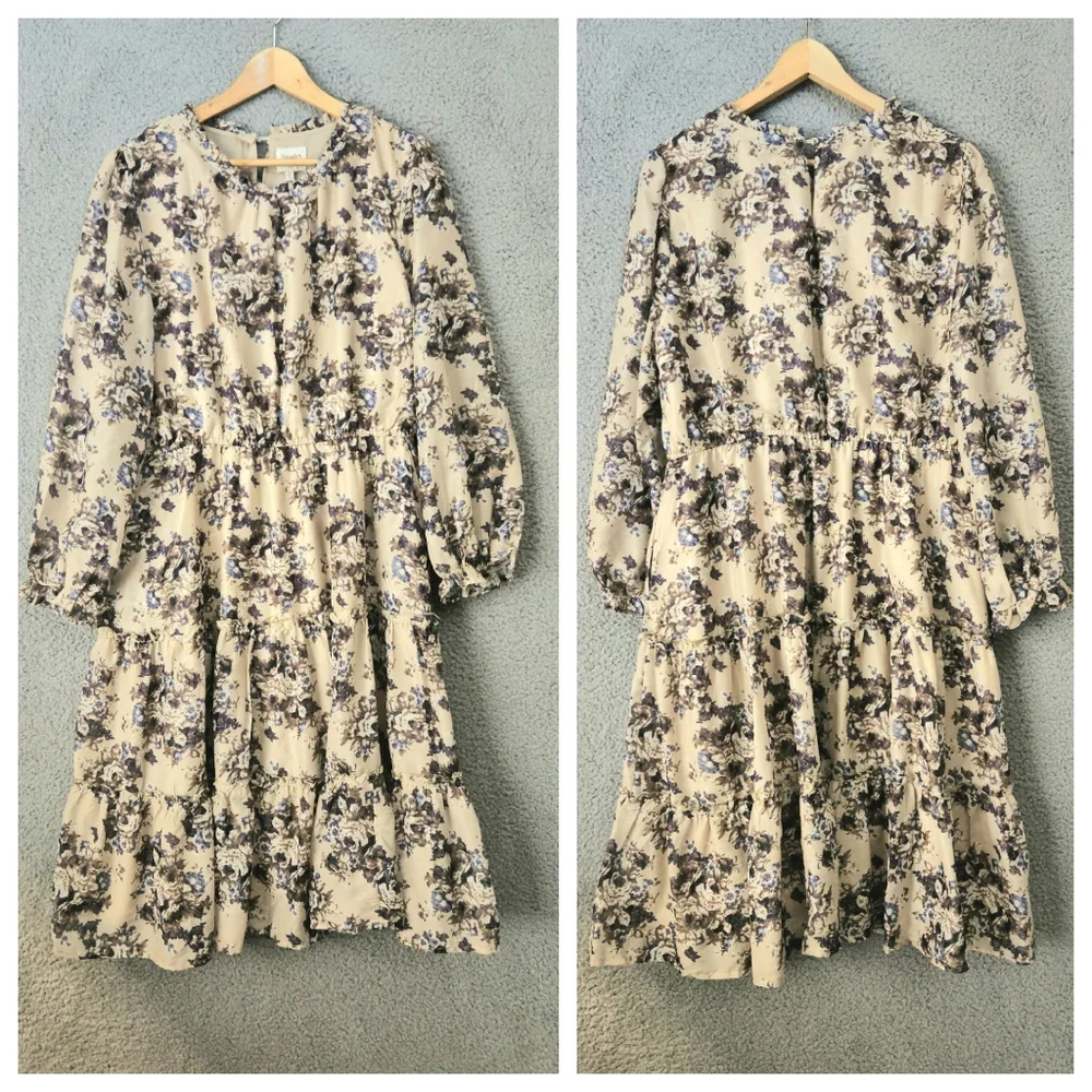 Hayden Floral Midi Dress 1XL XL Taupe Long Sleeve Tiered Fall Boho Country Flowy - Picture 3 of 13